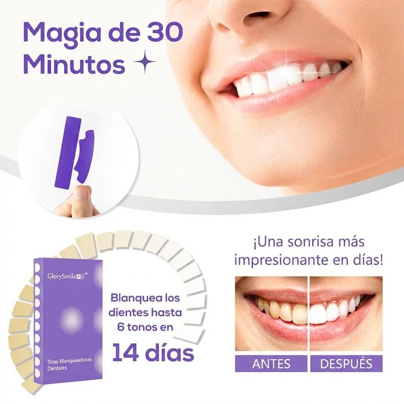 Magia de 30 minutos — blanquea los dientes hasta 6 tonos en 14 días